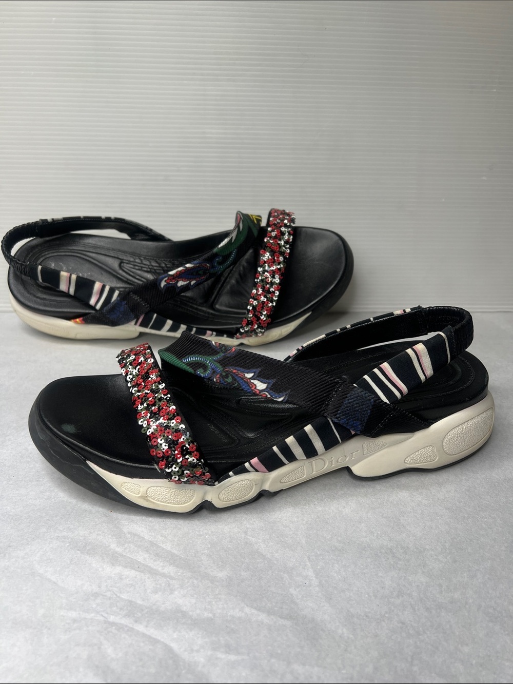 Christian Dior Trio Fusion 38.5 Sport Nylon Print Sequin Elastic Strap Sandals